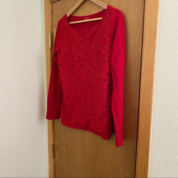 LOFT • Red Lace Front Long-Sleeve Top - Size M - Picture 7 of 13